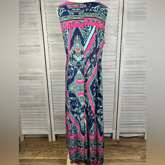 ICE SILK Scarf Print Sleeveless Maxi Dress Pink/Blue Multi-1X - Picture 2 of 3